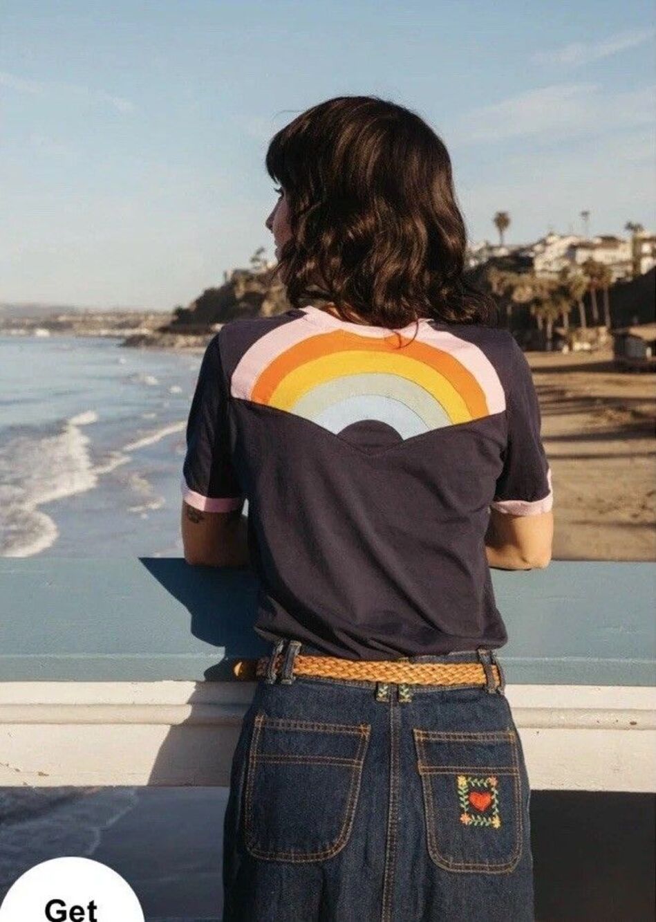 The Bee & The Fox Womens Rainbow Ringer Tee Sz XL Appliqué Navy Blue 100% Cotton